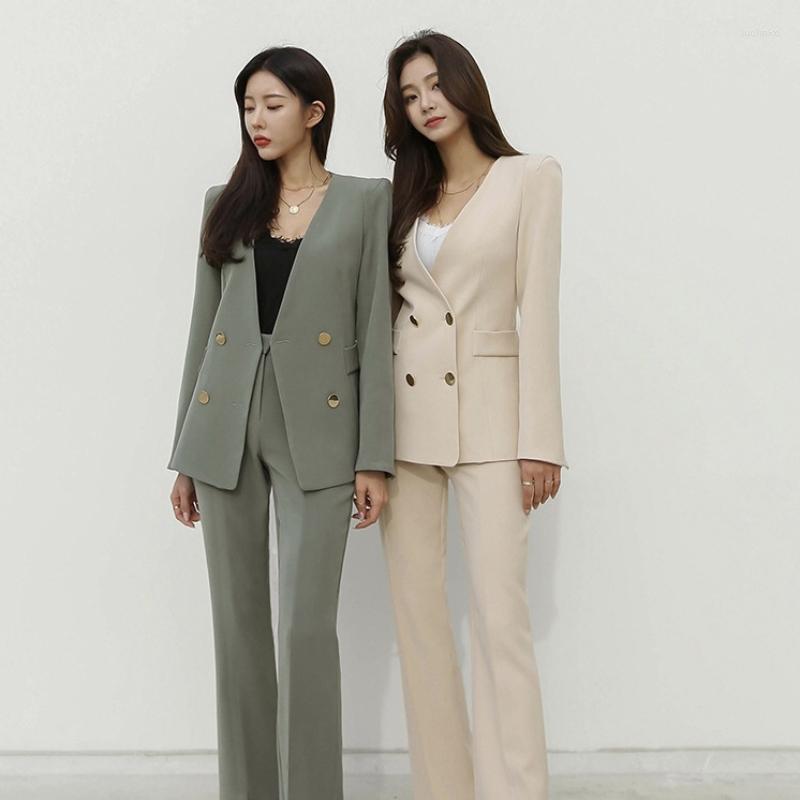 

Women' Two Piece Pants 2 Set Women Blazer Guard Sets Pieces OL Single Breasted Jacket Formal Suit Pleated Trousers Spring Autumn Winter, Green