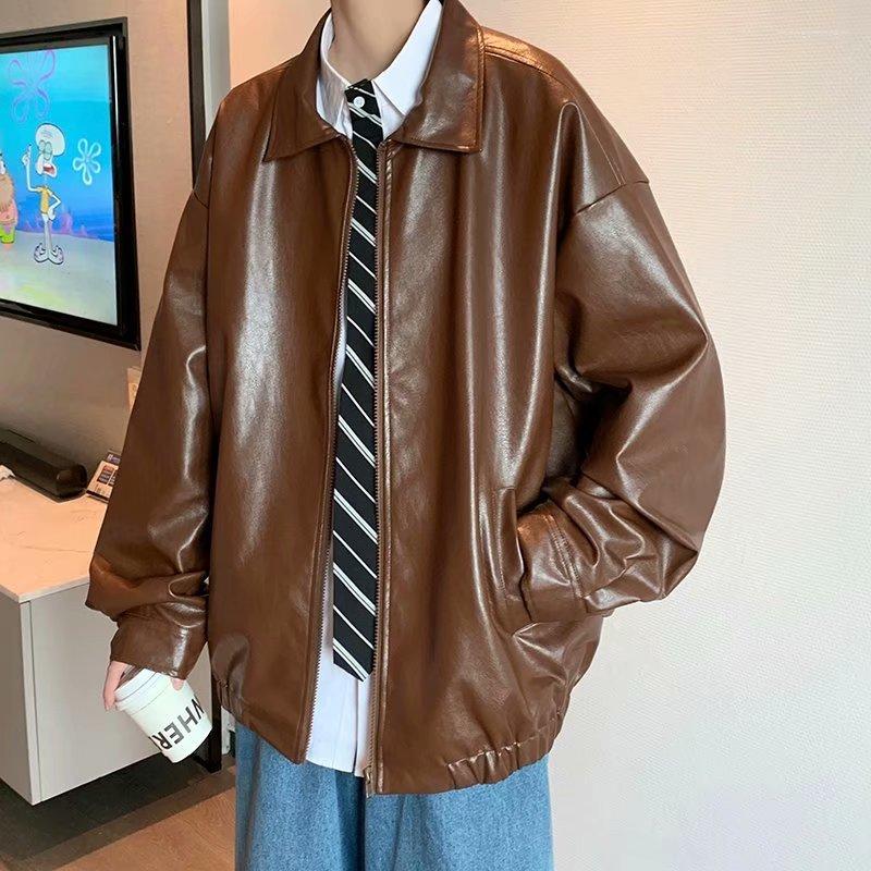 

Men's Fur Coffee/Black Leather Jacket Men Fashion Casual Motorcycle Jackets Mens Streetwear Loose Hip-hop Bomber Outwear -2XL