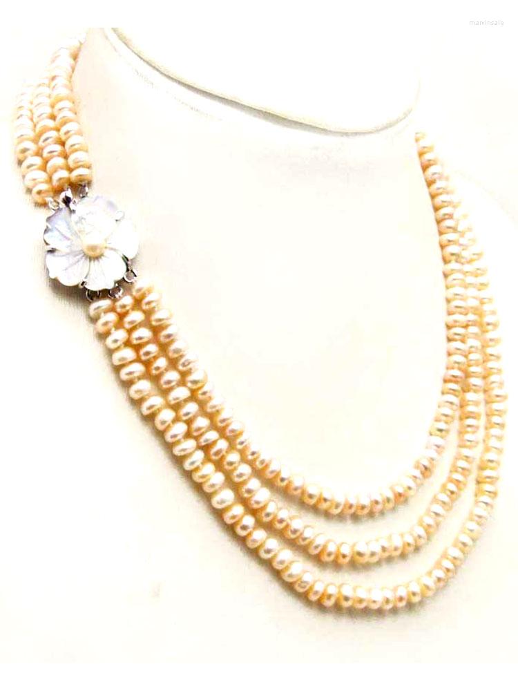 

Choker Qingmos Natural Pink Pearl Necklace For Women With Genunie 6-7mm Flat Round 3 Strands 17-18-19" Chokers Jewelry