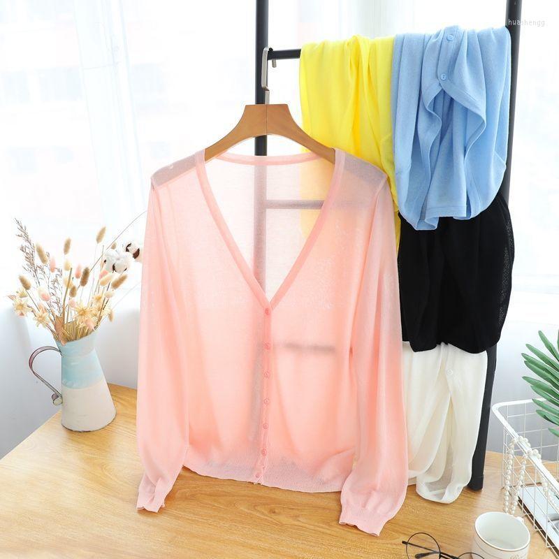 

Women's Knits Women's & Tees 2022 Women Summer Knitted Cardigan Female V-neck Long-Sleeve Ice Silk Hollow Out Sun Protection Lady Slim, White