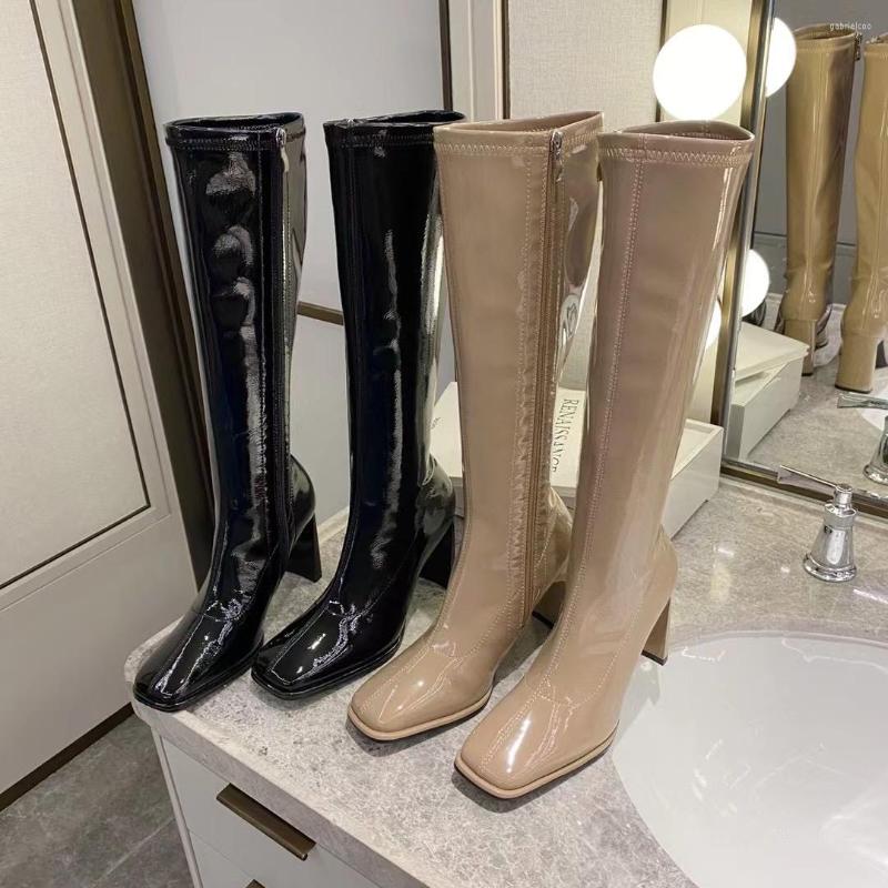 

Boots Square Toe Women Knee Black Beige Patent Leather 2022 S Knight Booties Thick High Heels Winter Pumps Shoes Woman 35-39