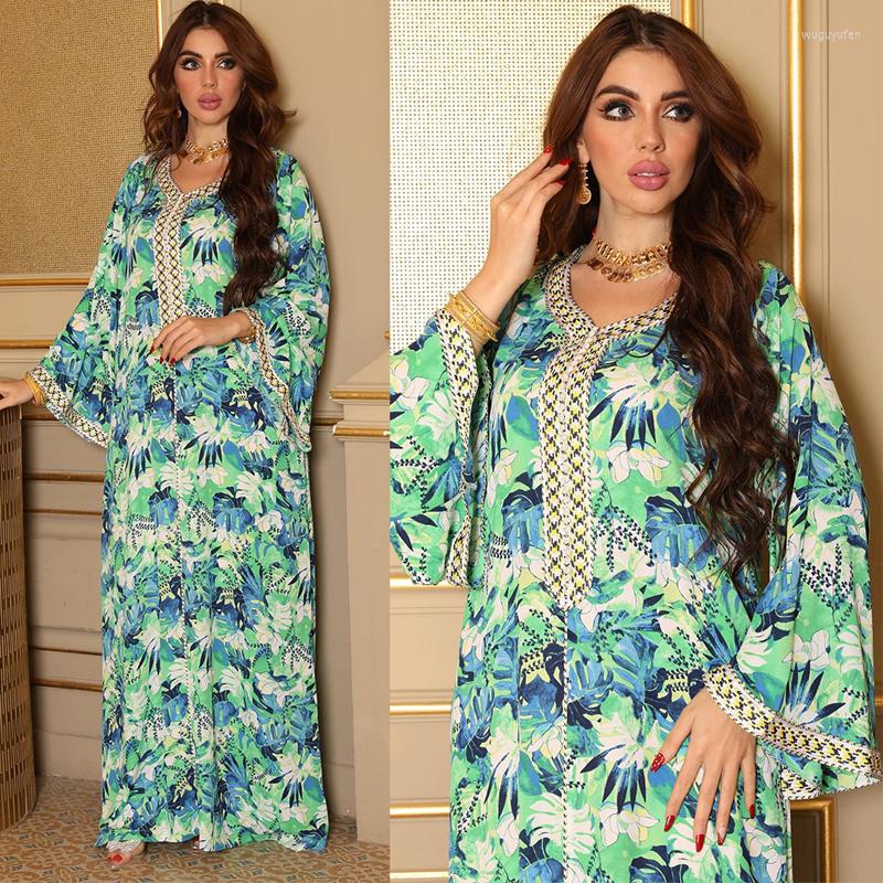 

Ethnic Clothing Summer Maxi Dress 2022 Ramadan Vintage Floral Print Women Abaya Casual Loose Islam Qatar Muslim Fashion Ladies Green