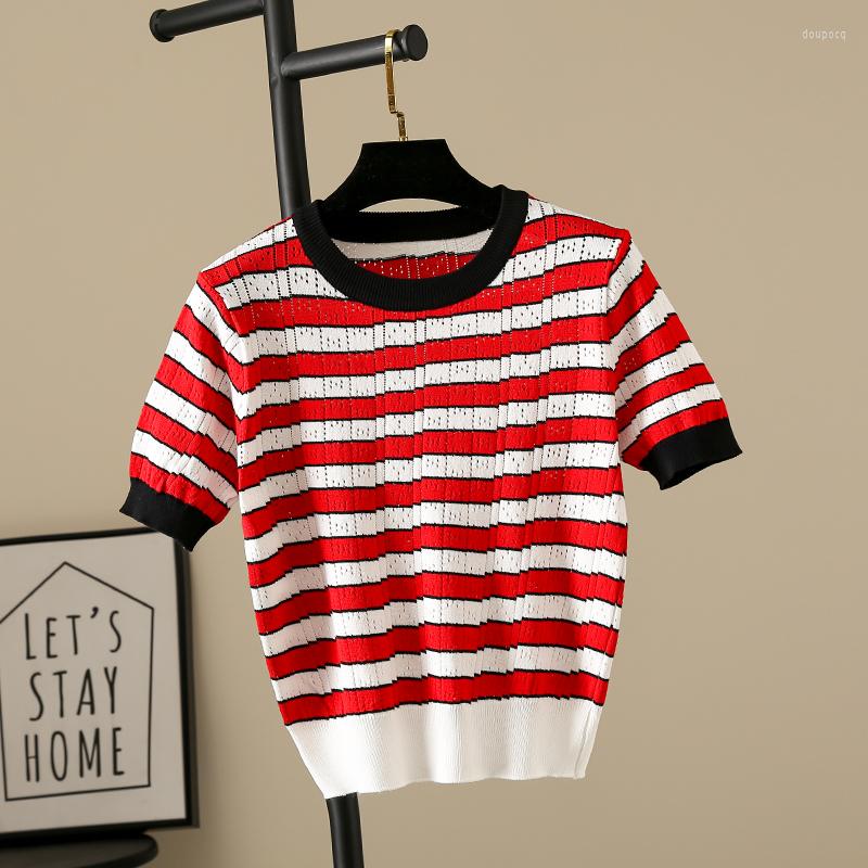 

Women's Blouses Knitted Hollow Out Tops Women Cute Striped T Shirt 2022 Summer O Neck Short Sleeve Tshirt Thin Womens, Red