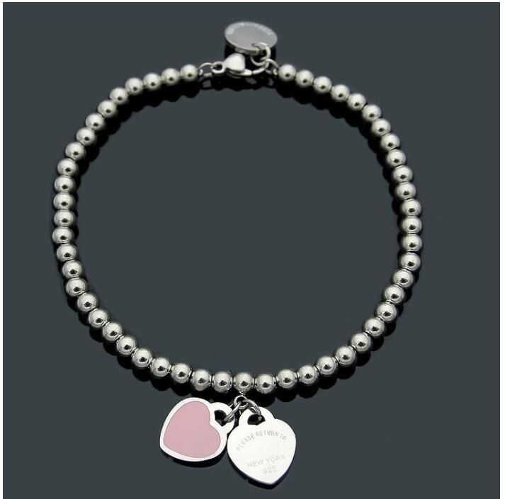 

925 Silver Love Beads Identification Bracelet 2 Hearts tags women Holiday Gift Luxury Jewelry Exquisite Fashion Classic Blue bracelets Desinger TIf wedding return