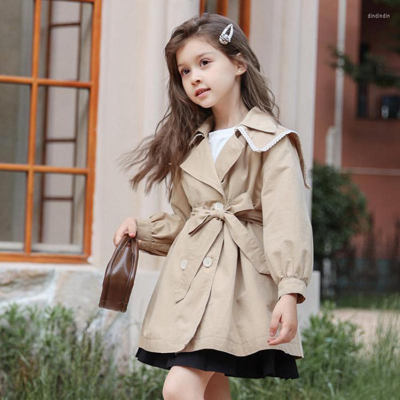 

Coat 3-14y Teen Girls Long Trench Coats Lace Fashion England Style Windbreaker Jacket For Spring Autumn Children's Clothing, Beige