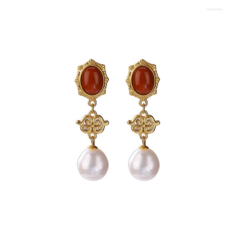 

Dangle Earrings S925 Sterling Silver Gold-plated Inlaid Southern Red Agate Ruyi Eardrop Personalized Natural Pearl Ladies