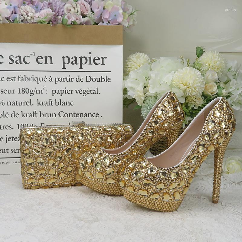

Dress Shoes Champagne Crystal Women Wedding With Matching Bags Luxury Rhinestone High Heels Platform Party, 5cm sandals