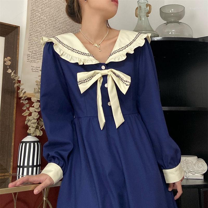 

Casual Dresses JuneRain Bow Sweet Lolita Dress Women Blue Vintage Patchwok Kawaii Midi Korean Japanese Style Designer Fall, Blue dress