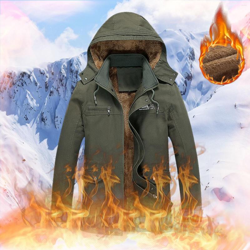 

Men's Down High Quality Autumn And Winter Jacket Casual Lapel Collar Warmth Plus Velvet Thick Cotton Hooded Parkas Coat With Pockets, Khaki