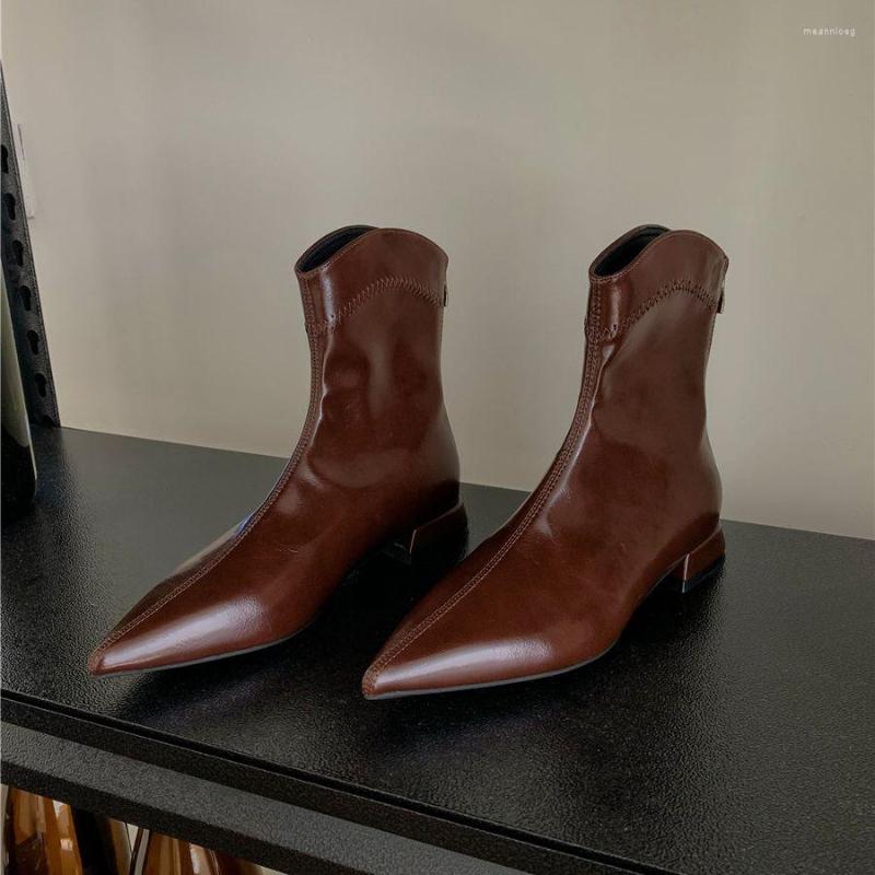 

Boots Pointed Toe Women Ankle 2022 Arrivals Black Brown Khaki Flat Low Heels Back Zipper Sock Woman Size 35-39 Flats