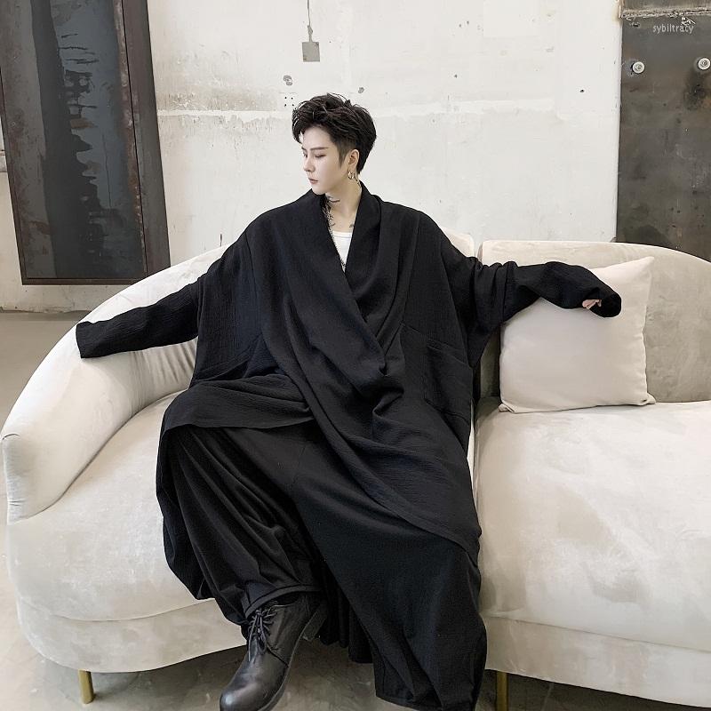 

Men' Casual Shirts Men' Long-sleeved Pleated Spring Deep V-neck Yamamoto Shirt Thin Fabric Moisture-proof Fairy Loose Dark Long, Black