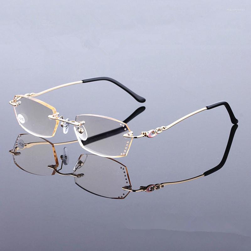 

Sunglasses 2022 Design Fashion Woman's Rhinestone Rimless Reading Glasses Frame Yellow Colour Women Style Presbyopia For Woman