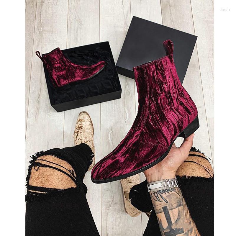 

Boots Men's Ankle Zipper Wine Red Cow Suede Business Handmade Men Sapato Masculino