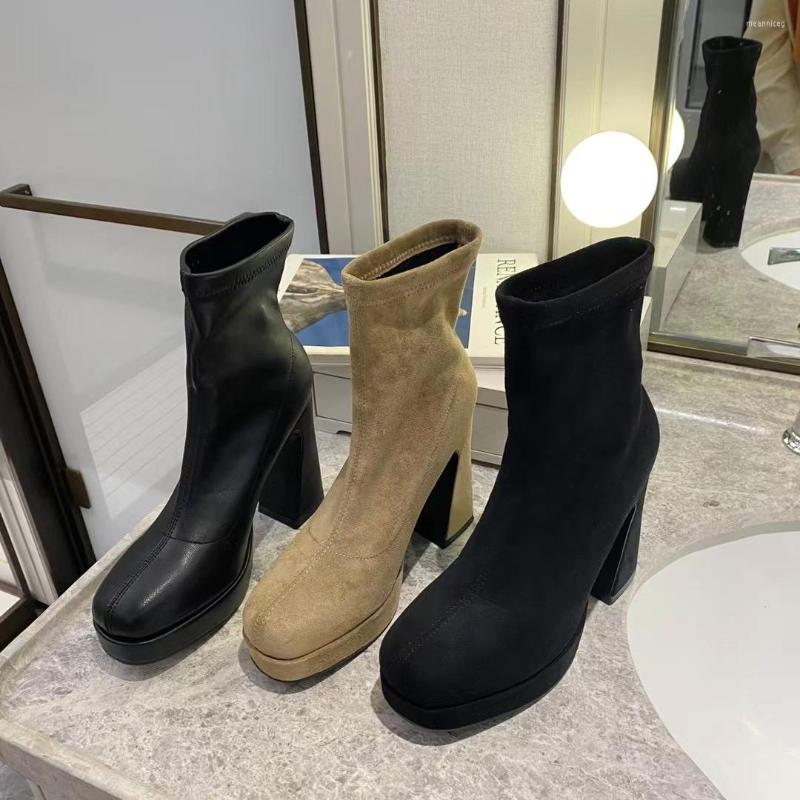 

Boots Platform Shoes Women Round Toe Fashion Ankle Thick High Heels Slip On Sock Booties Stretch Party Nightclub, Black 2