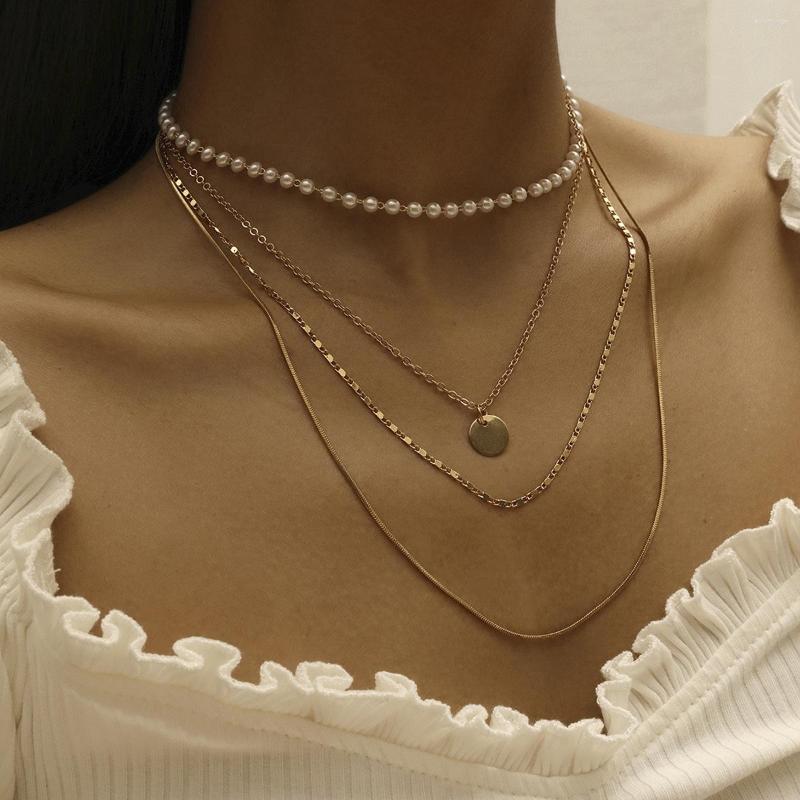

Choker Kymyad Gold Color Necklace Women Jewelry Simulated Pearl Necklaces Multilayer Chains Collares