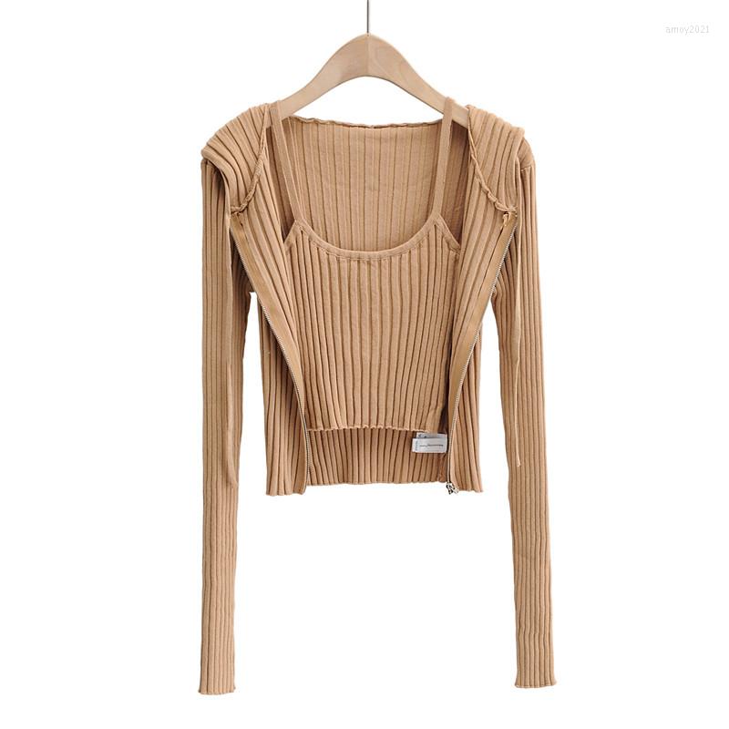 

Women' Tracksuits Spring And Autumn Fashion Slim Pure Color Knitted Hooded Jacket Women Short Sexy Sling 2-piece Suit, Black