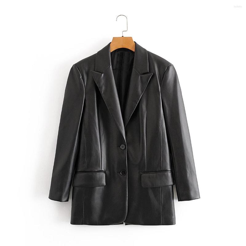

Women's Vests 2022 Black Spring Women Fashion Loose PU Faux Leather Jacket Vintage Pockets Long Sleeve Back Vents Oversized Female Chic Tops