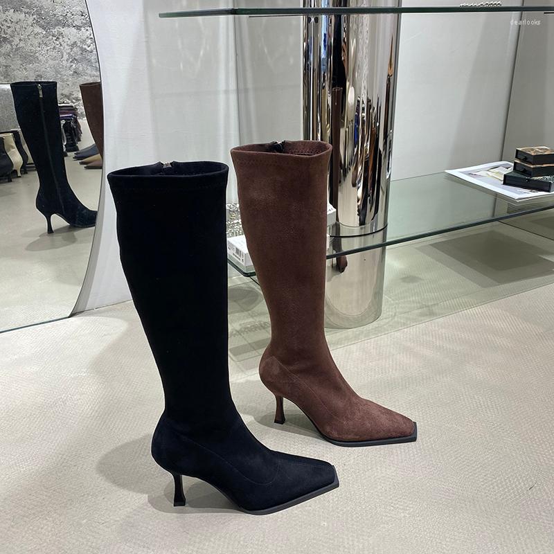 

Boots Square Toe Women Knee High Flock Soft Elegant Winter Autumn Sock Thin Heels Stretch Shoes Woman Black Brown 39