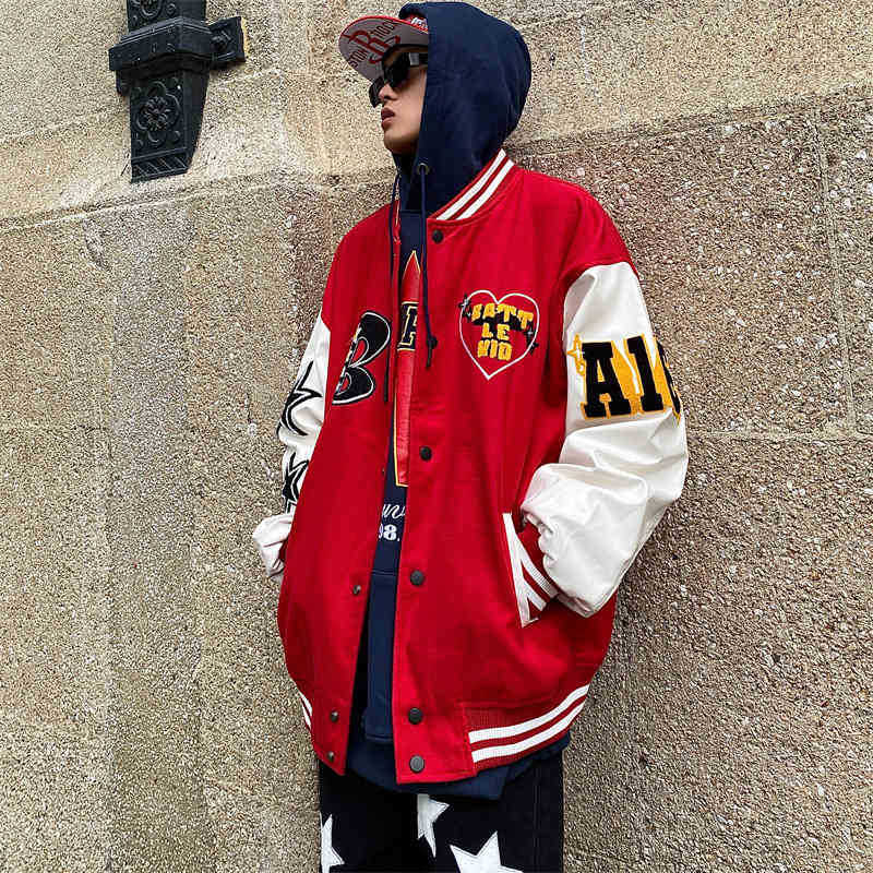 

hoodieTowel Embroidered American Hip Hop Baseball Suit Men's High Street Patchwork Jacket Loose Couple Spring and Autumn Versatile, Black