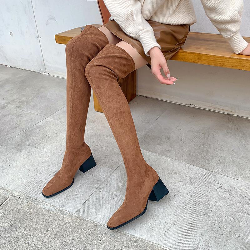 

Boots Women Over The Knee Flock Sock Booties Square Toe Slip On Thick High Heels Black Brown Beige WInter Autumn Stretch Shoes