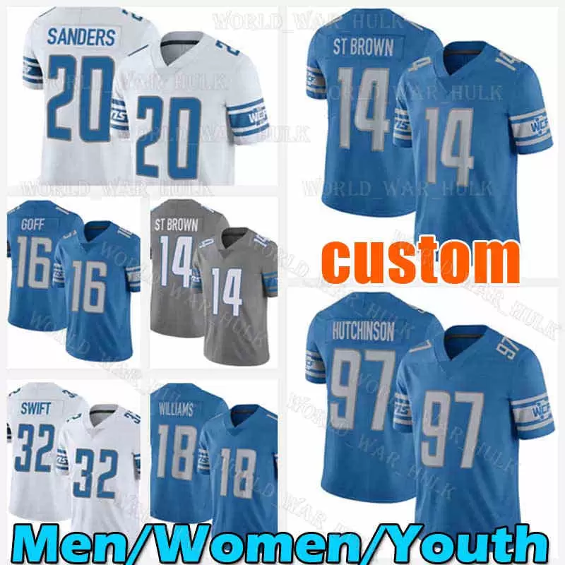 

CUSTOM CUSTOM 14 Amon-Ra St. Brown Football Jersey 97 Aidan Hutchinson Barry Sanders Detroits DAndre Swift TJ Hockenson Jared Goff Jack Fox, Women custom (x s)