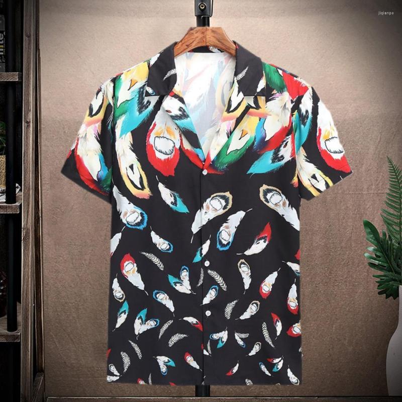 

Men's Casual Shirts Feather Print Turn-down Collar Men Shirt Contrast Colors Cardigan Summer Tops Simple 3D Short Sleeves For Daily Wear, Black
