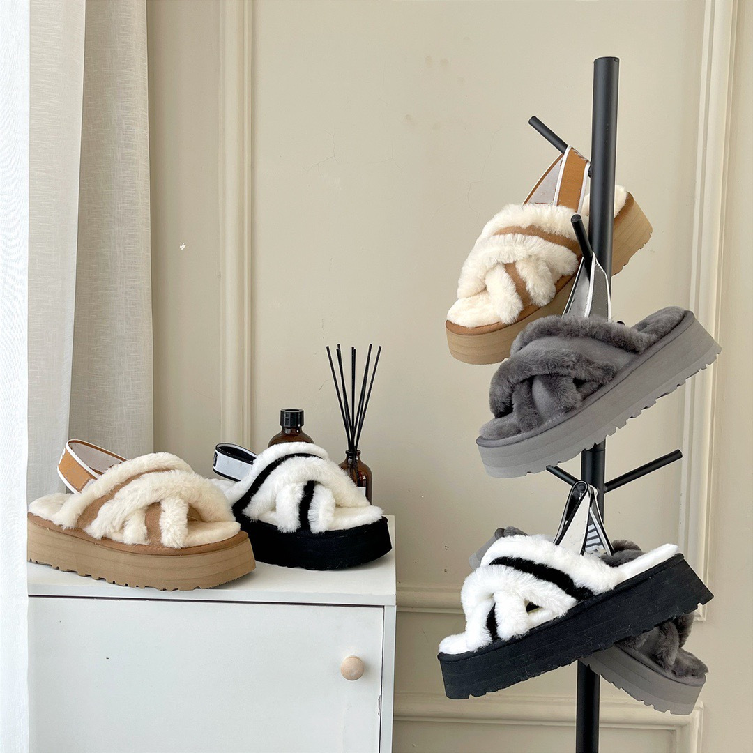 

Plush slippers uGGity women boots winter shoes cross open-toed wool slipper warm fur booties women's sandals, Grey