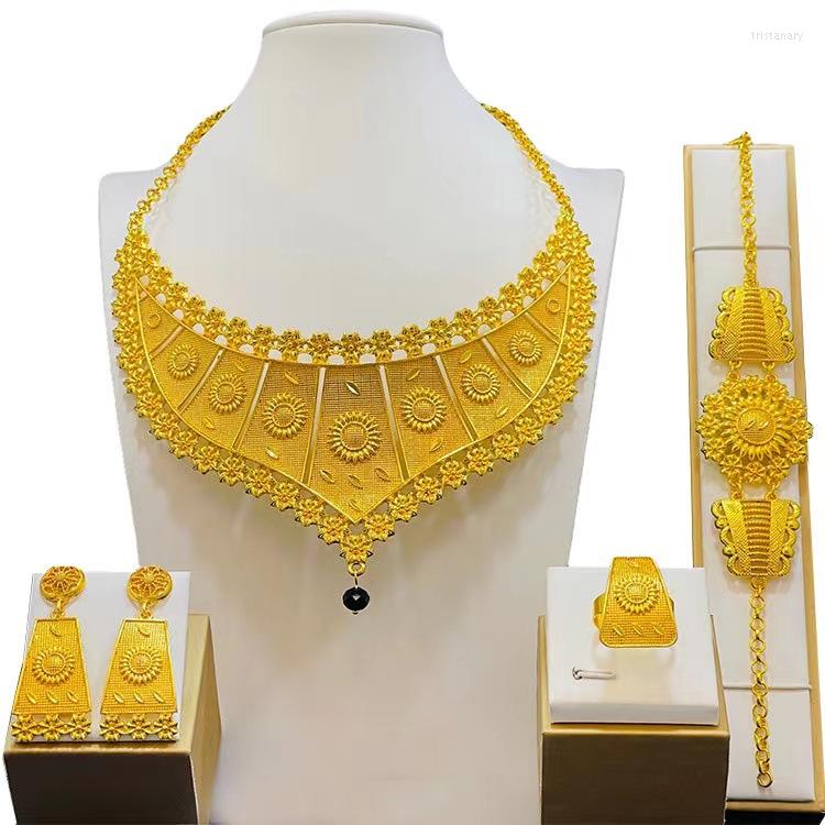 

Necklace Earrings Set Liffly African Luxury Dubai Gold Color For Women Bracelets Bridal Wedding Party Jewellery, Picture shown