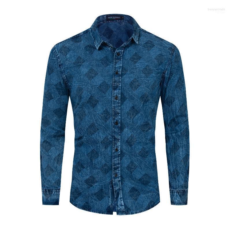 

Men' Casual Shirts Men' Spring And Autumn European Code Cotton Long-sleeved Shirt Denim Printing Lapel, Denim blue