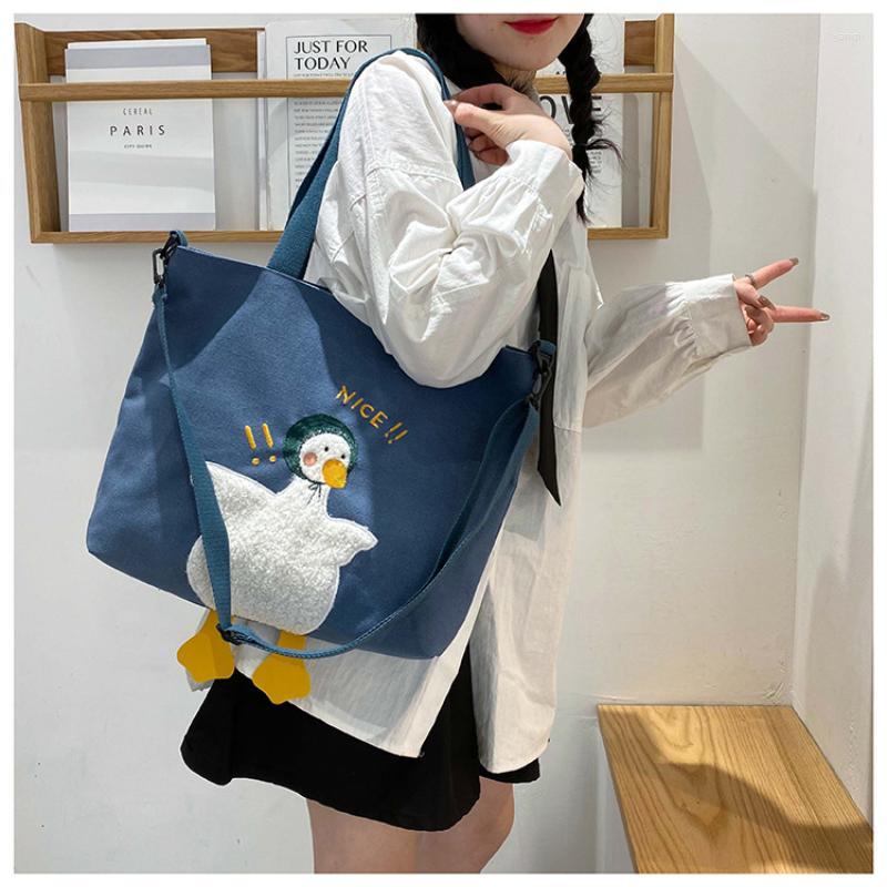 

Evening Bags Kawaii Duck Embroidery Canvas Tote Bag Large Capacity Shoulder Handbag For Women Girl Shopper Solid Color Messenger, Black