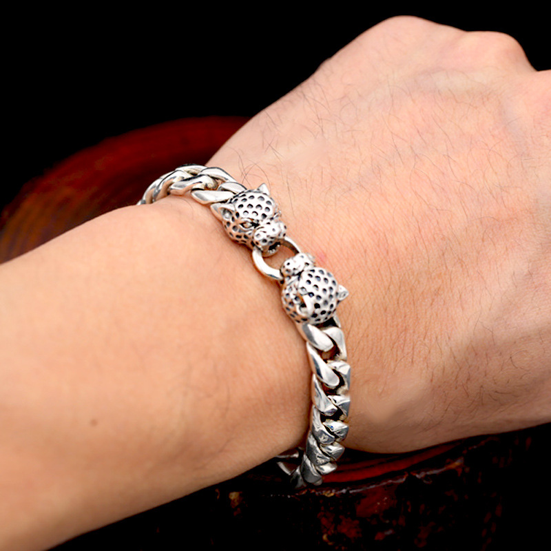 

Solid 925 Sterling silver Link Chain Bracelets Double Leopard Heads Antique Vintage Punk Handmade Fashion Luxury Jewelry Accessories Gifts