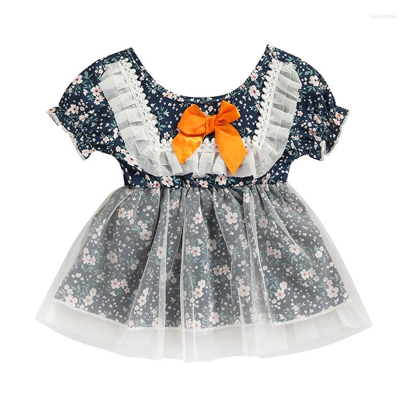 

Girl Dresses Born Baby's Clothes Short Sleeve Dress With Mesh Stitching Bow Decoration Flower Pattern Ruffle Summer Children's, Black