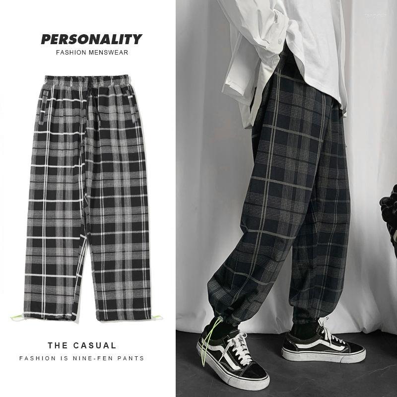 

Men's Pants Autumn Plaid Men's Fashion Retro Cotton Casual Men Streetwear Wild Loose Drawstring Straight-leg Mens -5XL, Black