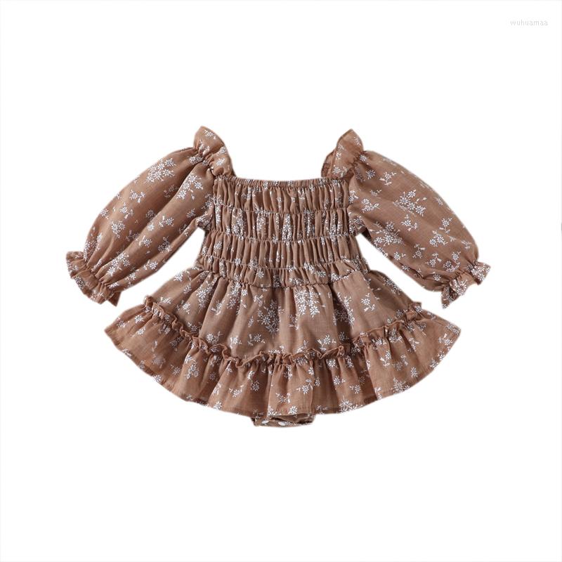 

Girl Dresses Infant Born Baby Dress Jumpsuits Long Sleeve Floral Pattern Jumpsuit Ruched Chest Elastic Cuff Bodysuit Outfit, Auburn