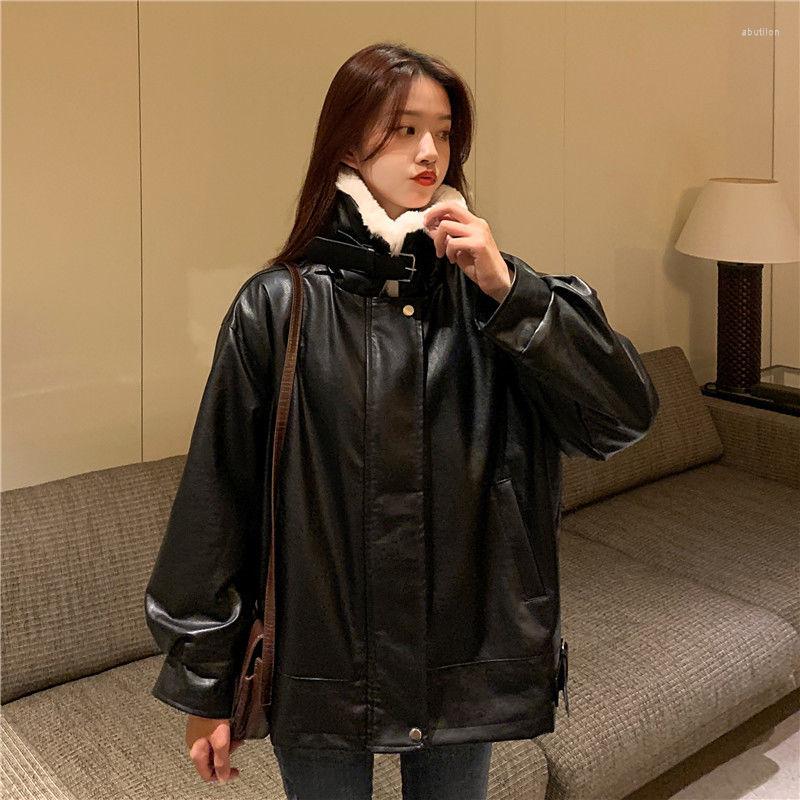

Women' Down LeatherJacket Women Winter Thick Warmth Fur Collar Black Loose Korean Fashion Students Oversize Wild Coat Woman Clothes