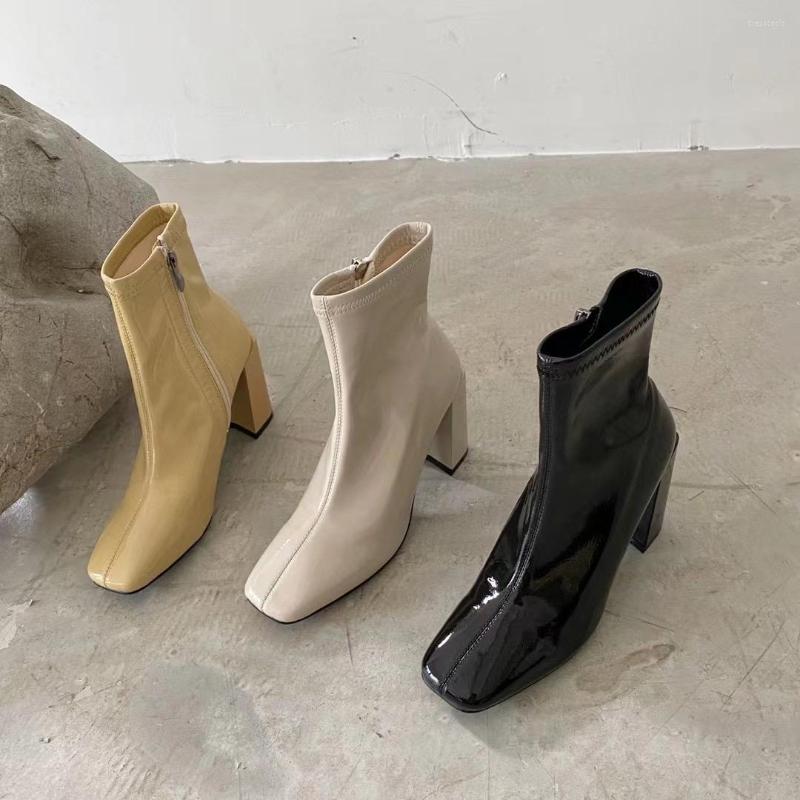 

Boots Square Toe Women Sock Stretch Shoes High Heels Patent Leather Side Zipper Autumn Winter Woman 39, Black