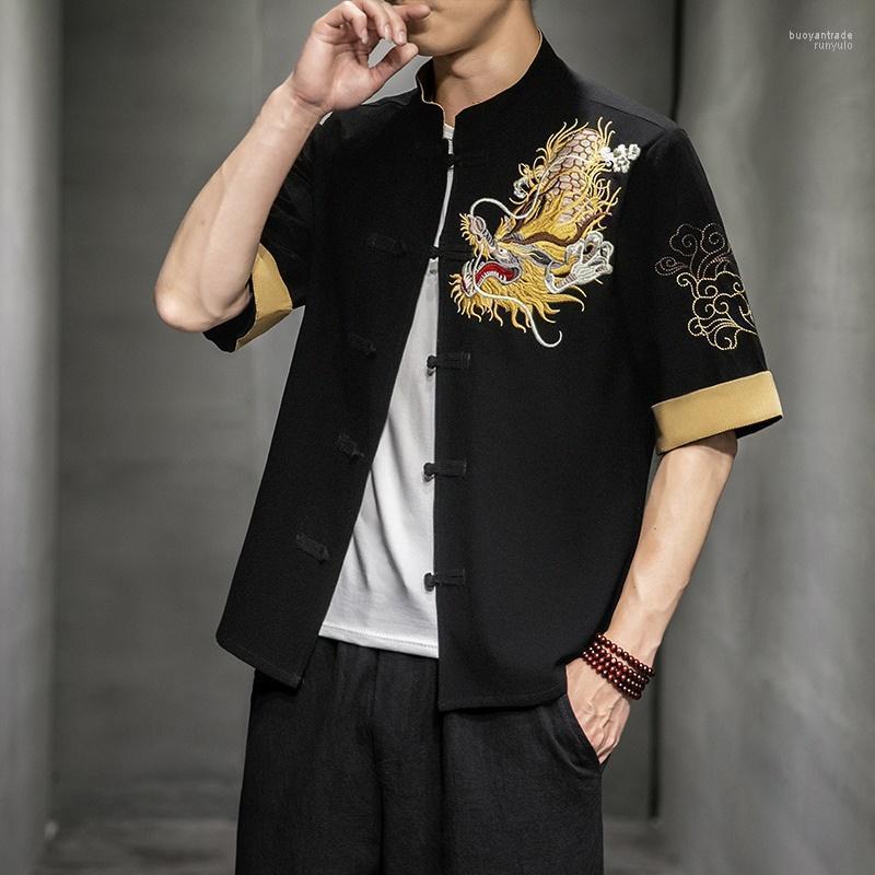 

Ethnic Clothing 2022 Chinese Dragon Shirt Embroidery Cotton Tang Suit Mandarin Collar Cheongsam Top Traditional For Men KK4104
