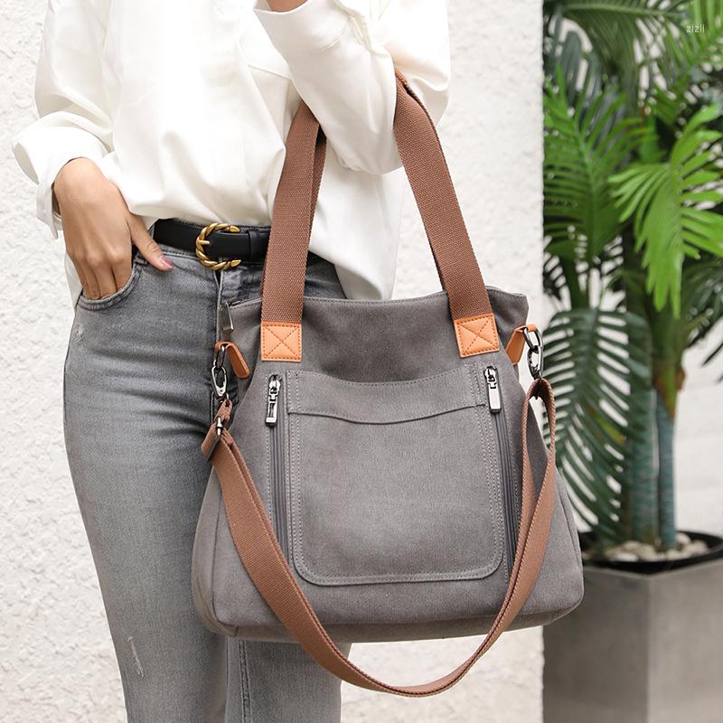 

Evening Bags Casual Canvas Women's Handbag Large Capacity Shoulder Bag Double Zippers Handle Fashion Brands Lady Shopping Totes Purse, Blue