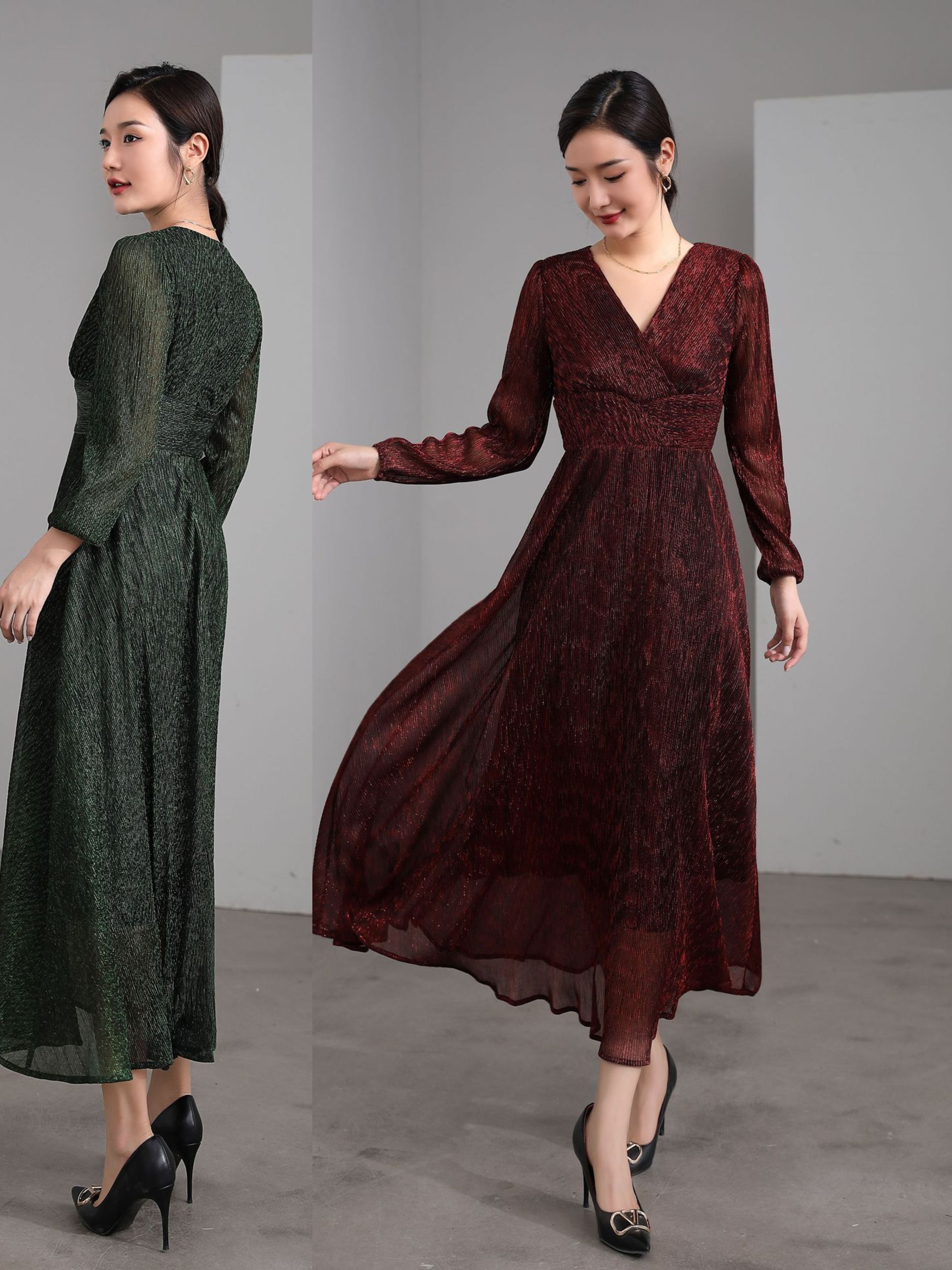 

High-quality temperament long-sleeve gold thread V-neck party dress, Dark red