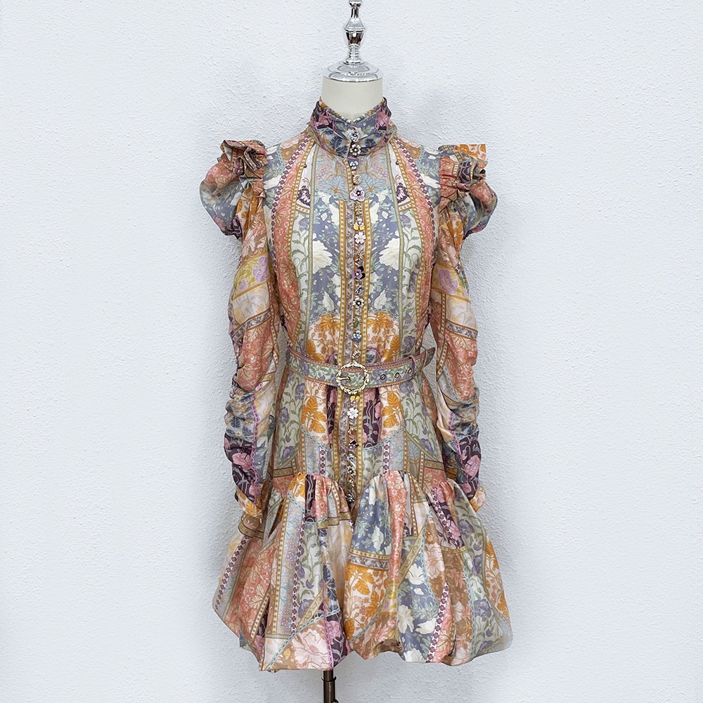 

Casual dresses Australian Designer Designs Premium Luxury Floral Shrugged Ruffle Sleeves Long Sleeve Silk Dress, Multi