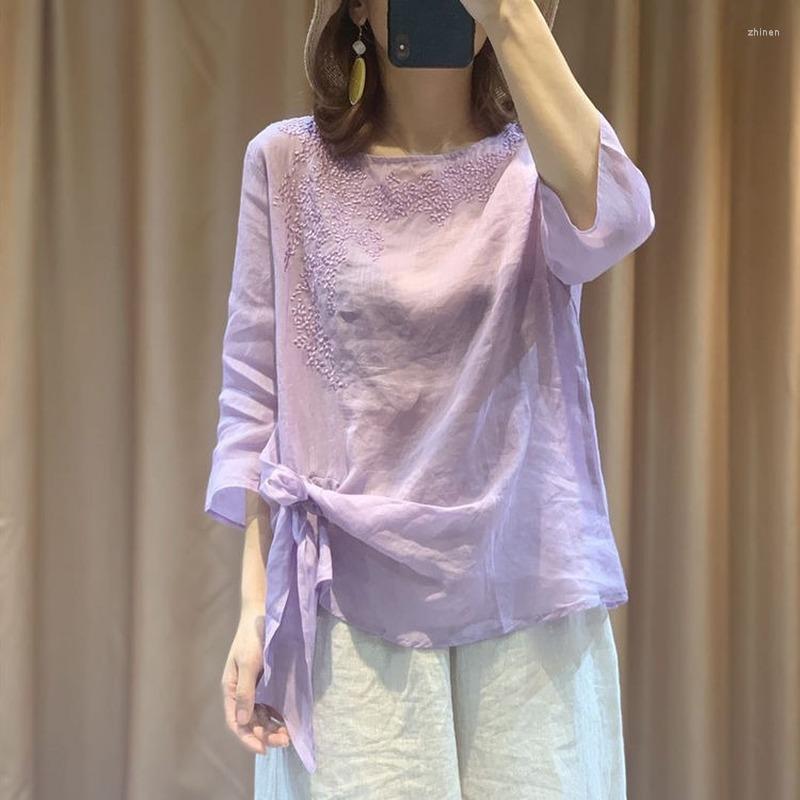 

Women's Blouses Summer Pure Cotton Tops Vintage Embroidery Shirt Women's Three-quarter Sleeve Knotted Top Sunscreen Breathable Thin, Lpurple
