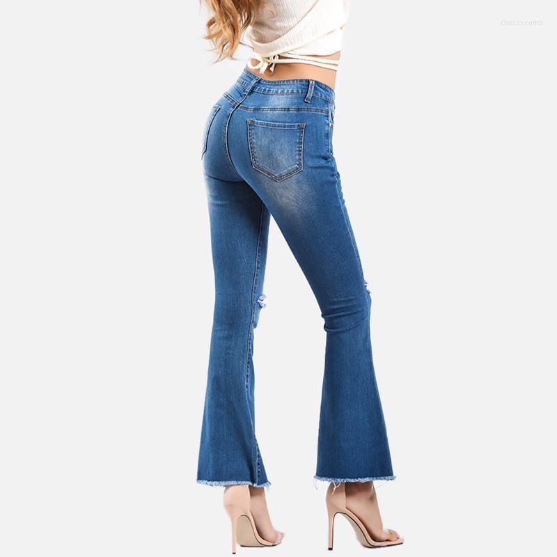 

Women' Jeans Women' Sexy Stretching Mid Waist Flare Women Fashion Bell Bottom Blue Skinny Denim Autumn Retro Pants Trousers 2022