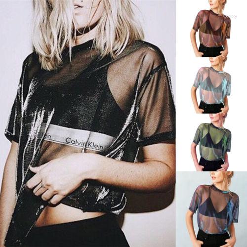 

Women's T Shirts Women Sheer Mesh Fish Net Short Sleeve Turtle Neck See Top T-Shirt Ladies Solid Sexy Through Tees Female, Silver
