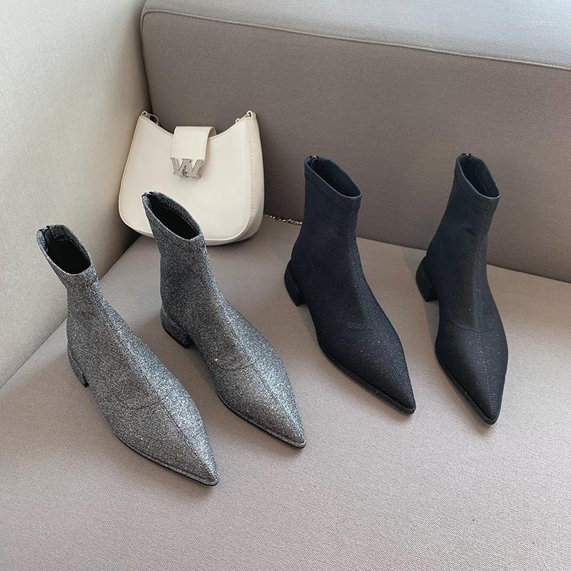 

Boots Pointed Toe Women Ankle 2022 Arrivals Sequined Cloth Stretch Shoes Flat Low Heels Slip On Black Grey Sock Booties 39