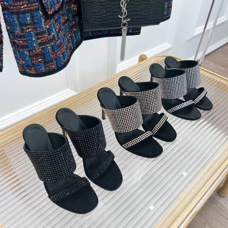 

Stiletto sandals mules Genuine Leather slippers Round head high Heels slip-on open toe fashion women Luxury Designers street style shoes Evening factory footwear, Gold