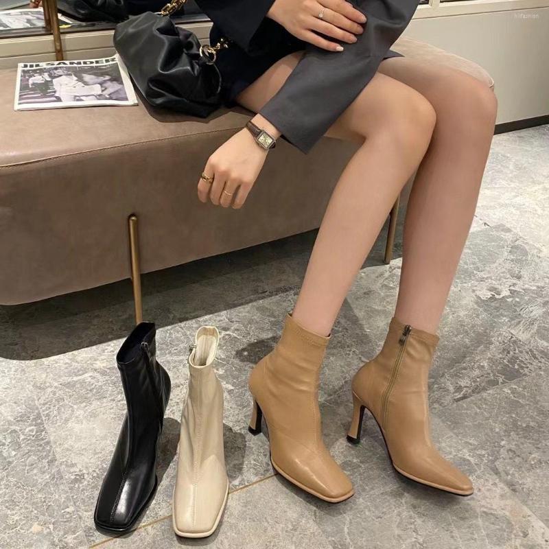

Boots Round Toe Women Ankle Black Beige Khaki Stretch Shoes Thin High Heels Side Zipper Elegant Party Pumps Winter