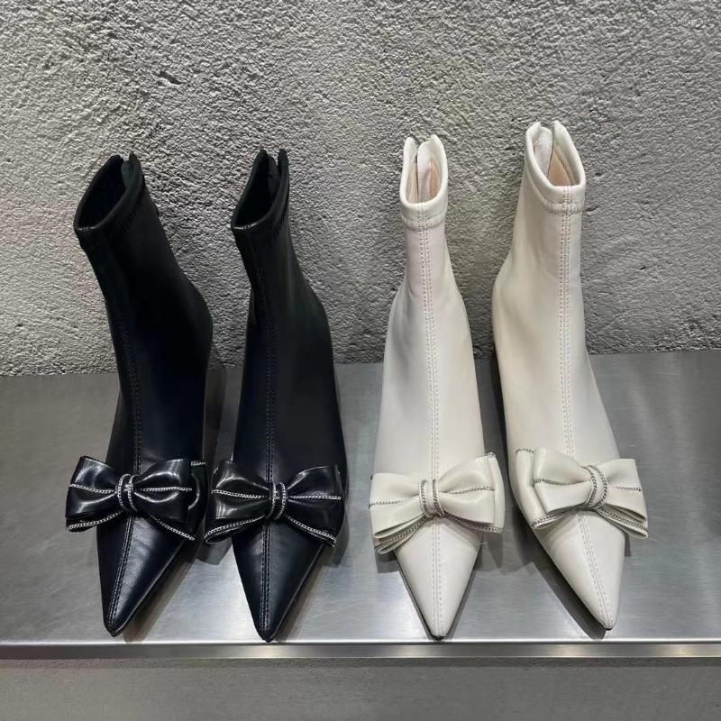 

Boots Elegant Women Ankle Pointed Toe 2022 Arrivals Black Beige Bow Design Back Zipper Short Booties Thin Mid Heels Fashion