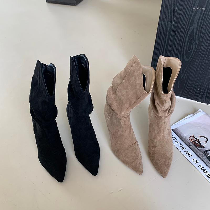 

Boots Pointed Toe Women Mid Calf Black Khaki Flock Winter Autumn Thin High Heels Fashion Dress Shoes Woman Ladies Pumps