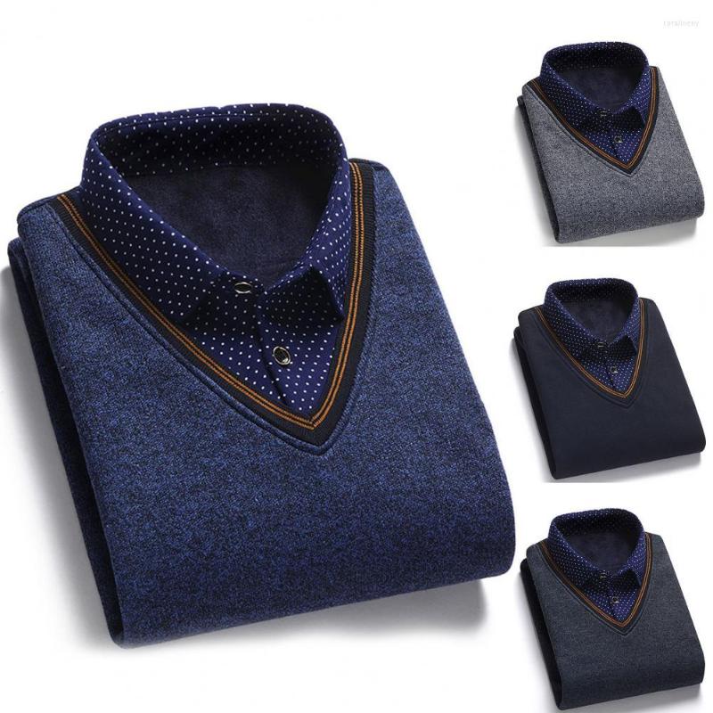 

Men's Sweaters Men Sweater Fake Two-piece Grid Shirt Thicken Knitted Male Base Anti-pilling Turn-down Collar Spring, Blue