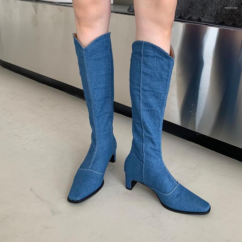 

Boots Square Toe Women Knee High Thick Mid Heels Back Zipper Denim Design Fashion Party Winter Pumps Shoes Woman Size 35-39, Blue